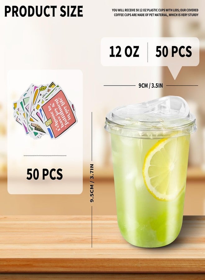 Xlong 50 Sets Clear Plastic Cups with Strawless Sip Lids 12 Oz Disposable Round Bottom Iced Coffee Cups with Lids and Inspiring Stickers for Cold Drinks,Juice, Bubble Boba Tea,Smoothie, To Go Cup - Image 2